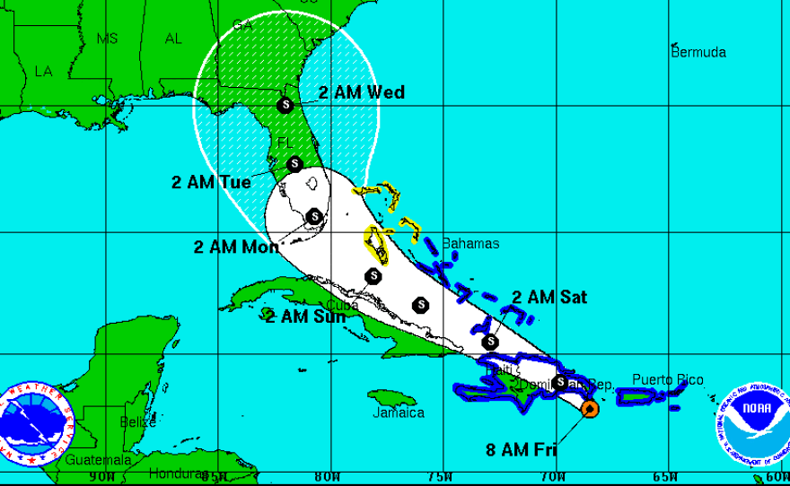 This map shows the National Hurricane Center's forecast track for Tropical Storm Erika.