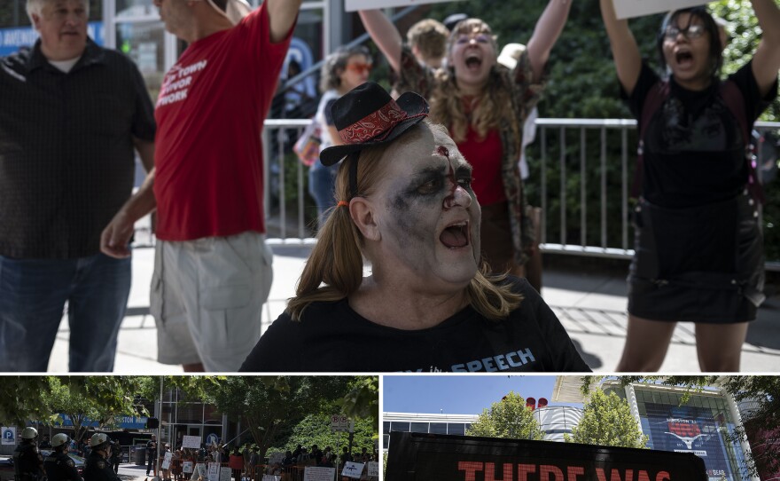 People take part in a protest outside the NRA Annual Meetings & Exhibits in Houston, Texas on Saturday.