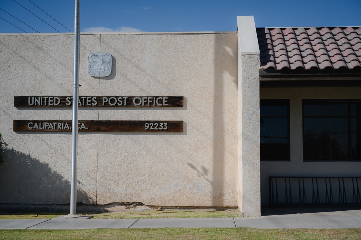 The post office in Calipatria in Imperial County is pictured on March 19, 2024. Most days, Niland residents must travel to Calipatria in order to pick up their mail.