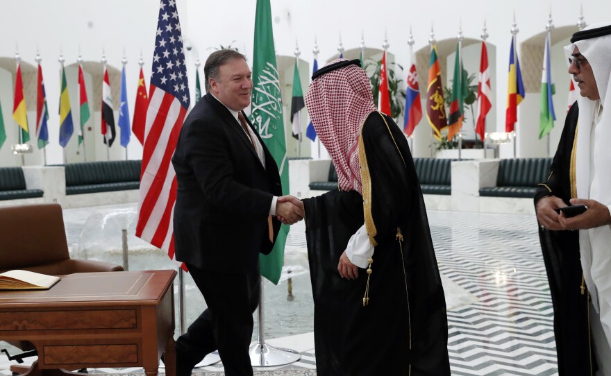 Secretary of State Mike Pompeo shakes hands with Saudi Foreign Minister Adel al-Jubeir in Riyadh, Saudi Arabia, on Tuesady.