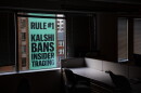 A banner for the prediction market platform Kalshi hangs from a building on April 1.