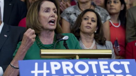 House Minority Leader Nancy Pelosi of Calif. accompanied by members of the House and Senate Democrats, gestures during a news conference on Capitol Hill in Washington, Wednesday, Sept. 6, 2017. 