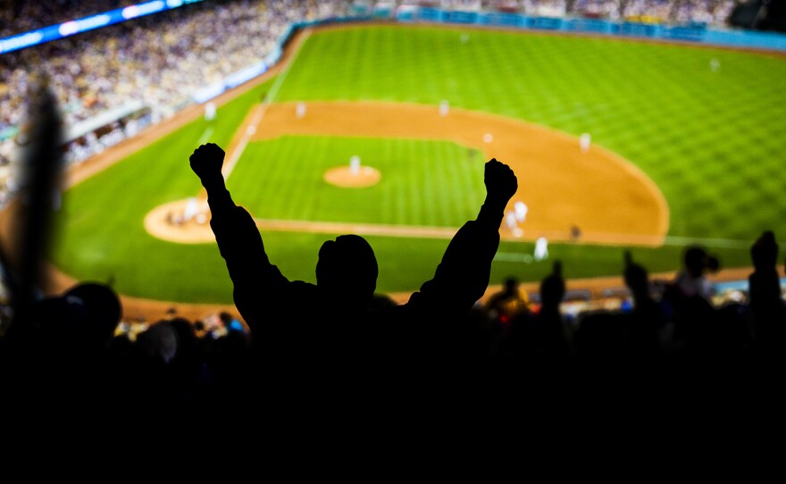Fans raise their hands in excitement at a baseball game