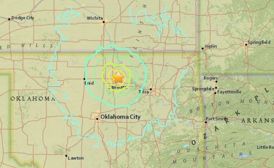 A map shows the recorded location of a strong earthquake that struck west of Tulsa Saturday morning.