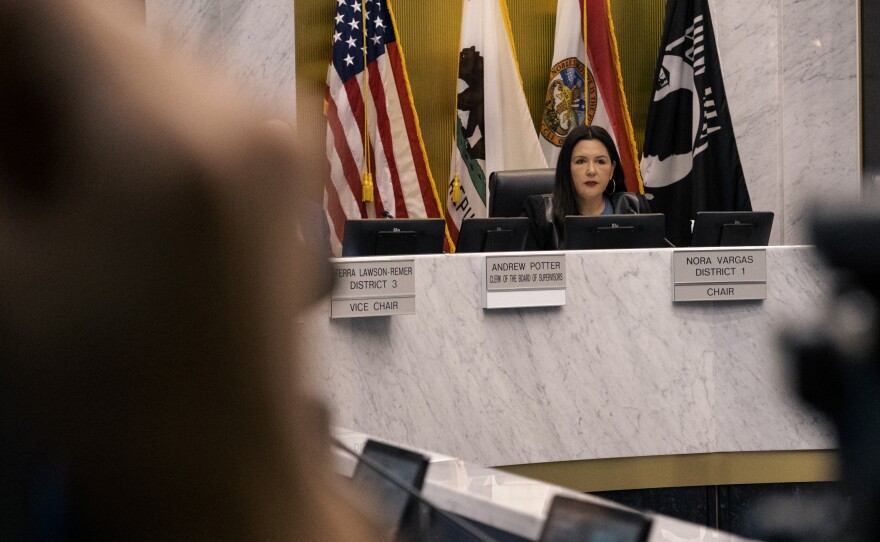 The San Diego County Board of Supervisors Chair Nora Vargas presides over an April 11, 2023 meeting.