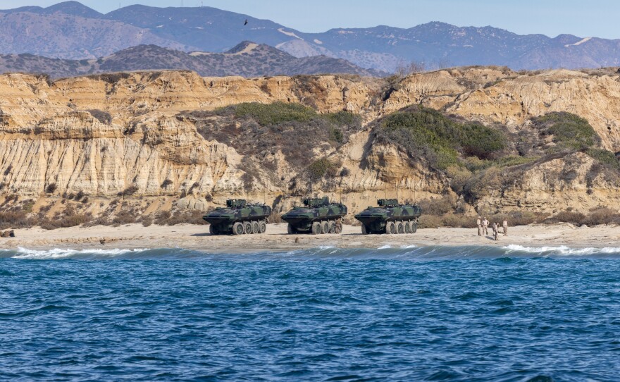U.S. Marines with 3rd Assault Amphibian Battalion, 1st Marine Division, prepare to drive Amphibious Combat Vehicles during surf transit training off the coast of Marine Corps Base Camp Pendleton, California, Nov. 19, 2024. (U.S. Marine Corps photo by Cpl. Juan Torres)
