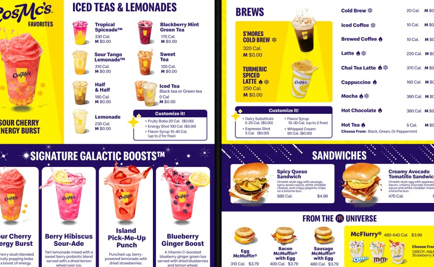 A sample menu shows food available at CosMc's, ranging from berry-flavored frappes to coffees and breakfast sandwiches.