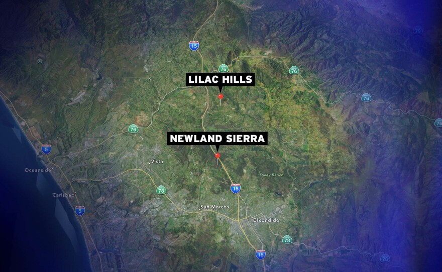 Location of two proposed master planned communities that would add hundreds of homes up Interstate 15 North - Lilac Hills Ranch and Newland Sierra.  Both would require  an amendment to the county's General Plan for growth, which calls for development closer to existing infrastructure.    