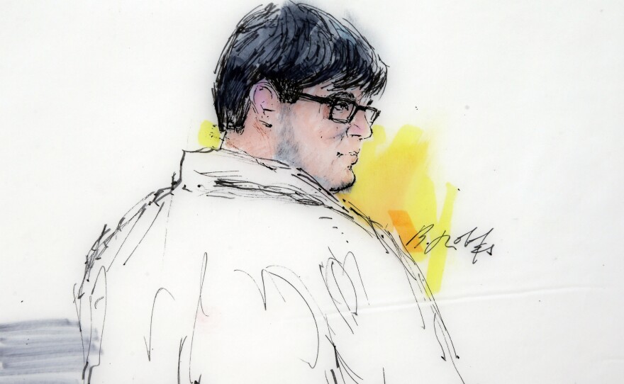 In this Dec. 21, 2015 courtroom file sketch, Enrique Marquez Jr. appears in federal court in Riverside, Calif. On Tuesday, Marquez admitted that his friend Syed Rizwan Farook paid him for the assault rifles used to kill 14 people in a terrorist attack in San Bernardino, Calif.