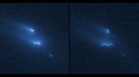 This combination image made available by NASA on Thursday, March 6, 2014 shows a series of photos from the Hubble Space Telescope recording the disintegration of an asteroid from Oct. 29, 2013 to Jan. 14, 2014.