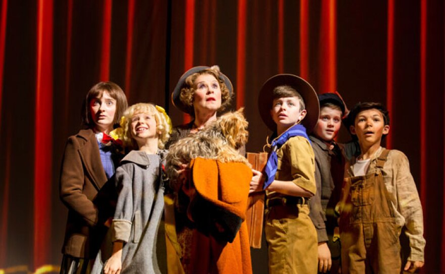 Rose (Imelda Staunton), Baby June (Isla Huggins-Barr), Baby Louise (Holly Hazleton), and Newsboys (Dominic Bryant, Harvey Pearce, Owen Pennington) in "Gypsy.” 