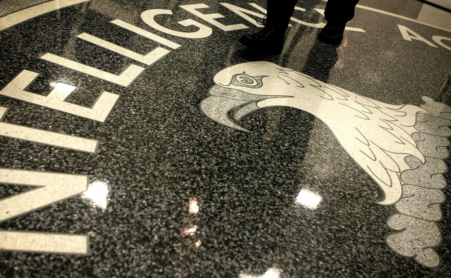 The seal of the Central Intelligence Agency at the lobby of the Original Headquarters Building at the CIA headquarters in McLean, Va.