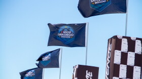 Nascar flags raised at NASCAR San Diego Weekend presented by Anduril at Naval Base Coronado on June 19, 2026.