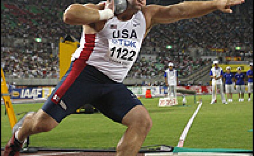Nelson shows his form in the shot-put ring at the IAAF World Athletics Championships.