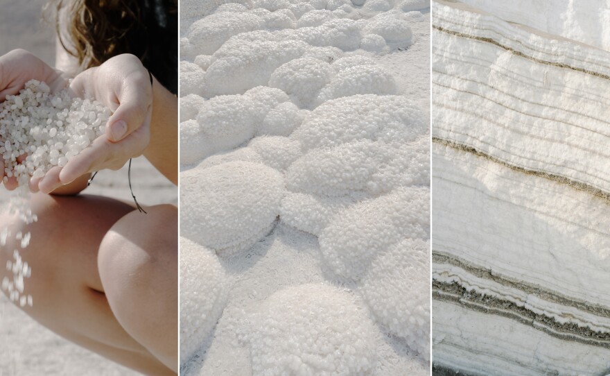 Left: Rachel Kiro, 13, the daughter of Dead Sea researcher Yael Kiro from Israel's Weizmann Institute of Science, gathers pearls of salt on a Dead Sea shore. Center: Salt formations on the recently-exposed shoreline of the Dead Sea. Right: Layers of salt on the shore of the Dead Sea on Nov. 5.