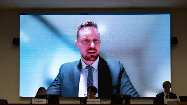 Board Member Rhys Williams appears on a screen during a California Environmental Protection Agency Board of Environmental Safety meeting at CalEPA headquarters in Sacramento on July 23, 2026. Williams attended the meeting virtually.