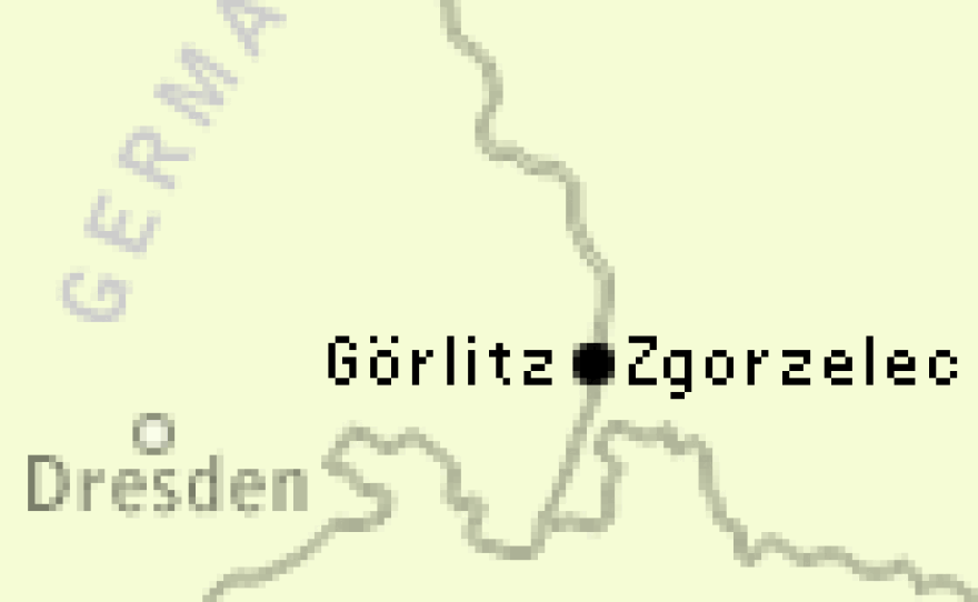 Map showing the towns of Gorlitz and Zgorzelec, along the German-Polish border.