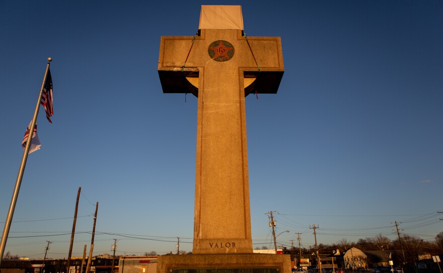 A World War I memorial cross sits in Bladensburg, Md., just outside Washington, D.C. The federal government asked the Supreme Court to rule in favor of the cross, which critics say is an unconstitutional state religious endorsement.