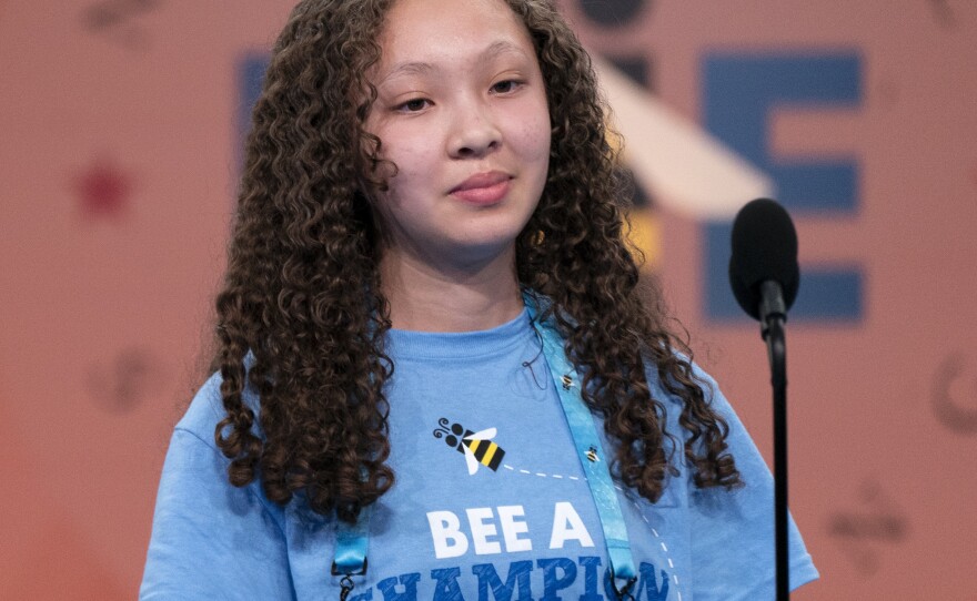 Akira Harris, 14, from Stuttgart, Germany, competes during the Scripps National Spelling Bee in Oxon Hill, Md., on Tuesday.