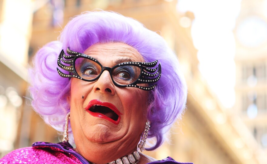 Dame Edna participates with her fans in a Zumba fitness class at Martin Place in Sydney, Australia, in January 2013.
