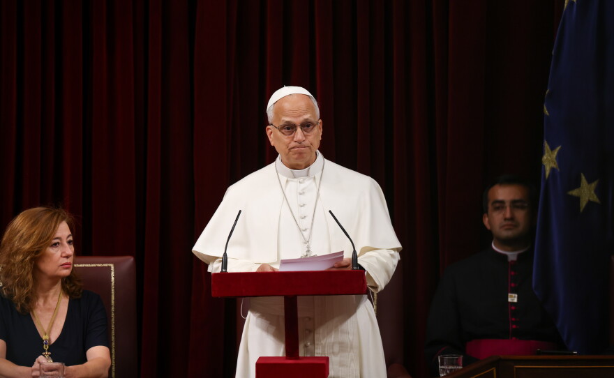 Francina Armengol, President of the Congress of Deputies of Spain, looks on as Pope Leo XIV speaks at the Spanish Parliament in Madrid, Monday, June 8, 2026.