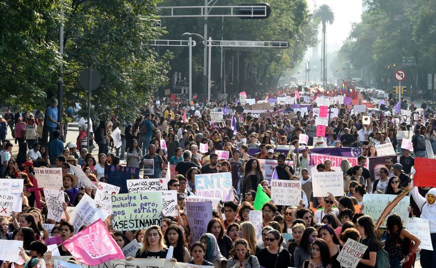 People take part in the commemoration of International Women's Day in Mexico City on March 8. The national public security department's statistics show that more than 41 percent of women over the age of 15 have experienced some sort of sexual violence.