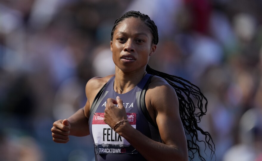 U.S. star sprinter Allyson Felix, shown here in June during U.S. Olympic Track and Field Trials, is competing this week at the Tokyo Olympics.