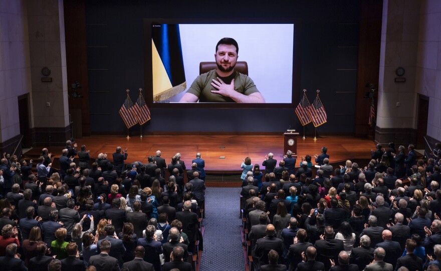 Ukrainian President Volodymyr Zelenskyy speaks to the U.S. Congress by video to plead for support as his country is besieged by Russian forces at the U.S. Capitol on Wednesday.