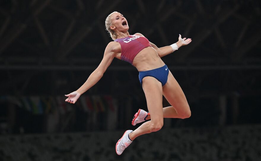 U.S.'s Katie Nageotte reacts as she competes in the women's pole vault final on August 5.