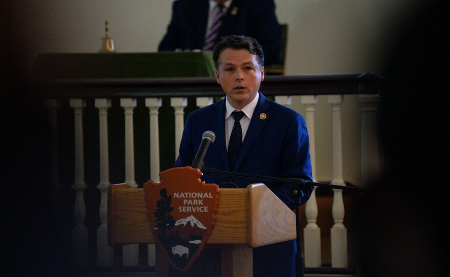Rep. Brendan Boyle, D-Pa., gives remarks during a ceremonial gathering of members of Congress at Independence Hall in Philadelphia on July 2, 2026.
