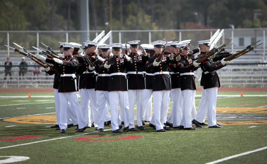 The Silent Drill Platoon performs during a Battle Color Ceremony at Camp Pendleton, March 15, 2015.