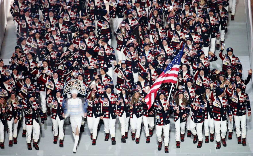 Team USA enters the stadium during the Opening Ceremony of the Sochi 2014 Olympic Games in Russia.