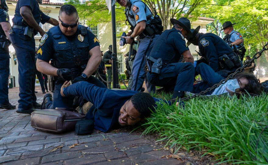 Arrests are made as Atlanta Police Department and Georgia State Partrol order Pro-Palestinian and "Cop City" protesters to disperse from the quad on Emory University campus on Thursday, April 25, 2024.