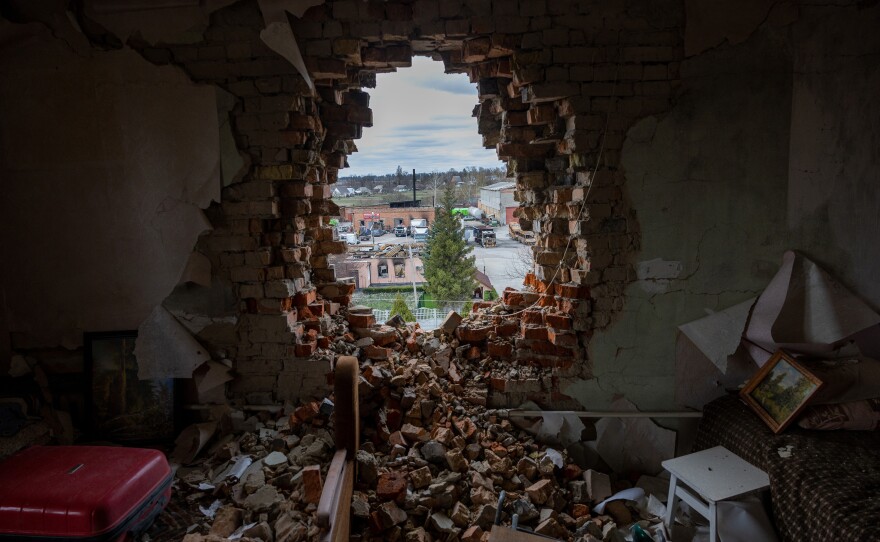 <strong>April 19:</strong> Debris lies in a war-damaged apartment in Makariv. Residents said the building was attacked by Russian tanks during the invasion in early March.