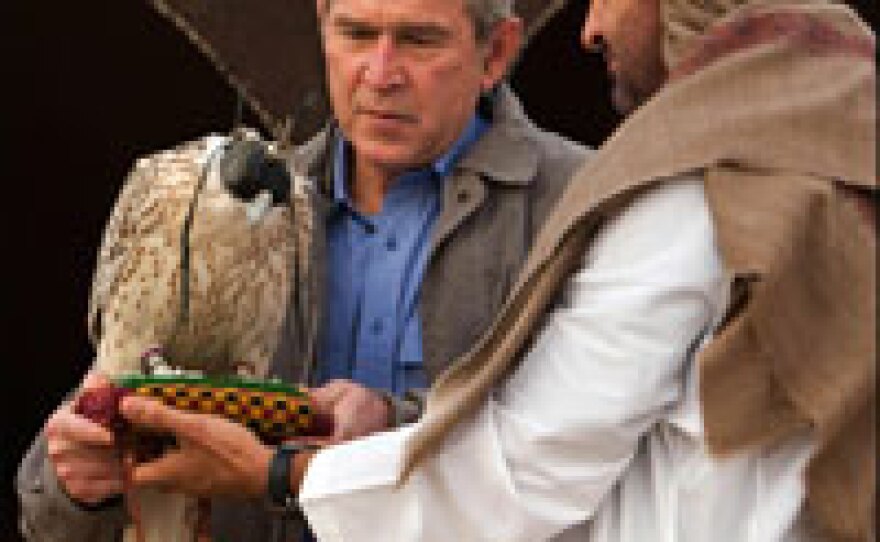 Abu Dhabi Crown Prince Sheik Mohammed Bin Zayed Al Nahyan shows President Bush a falcon ahead of a traditional dinner at his weekend desert encampment.