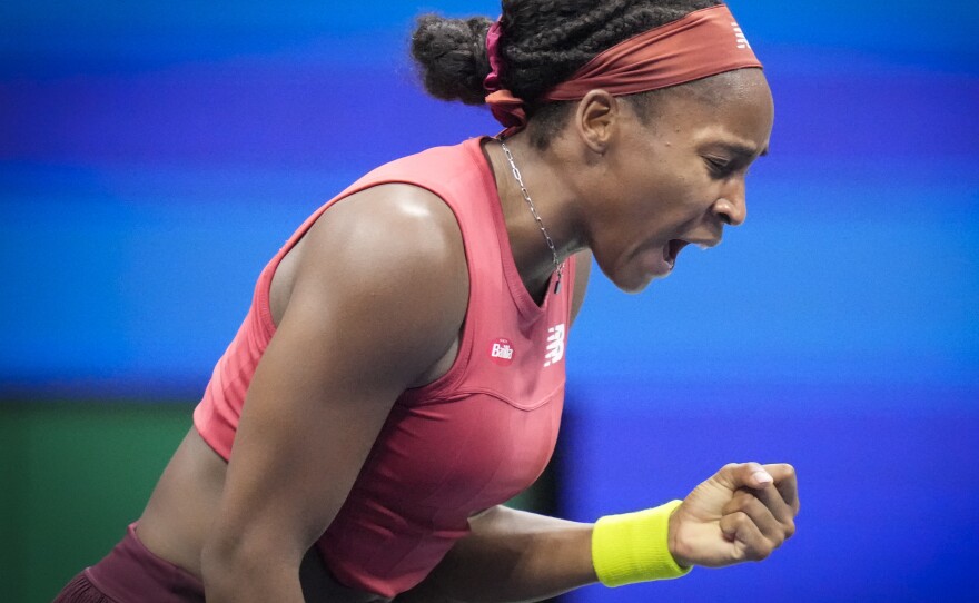 Coco Gauff reacts during a match against Aryna Sabalenka at the U.S. Open tennis championships Saturday in New York.