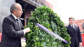Mexican President Felipe Calderón visits the Casino Royale, where more than 50 people died in what he called a "terrorist attack."