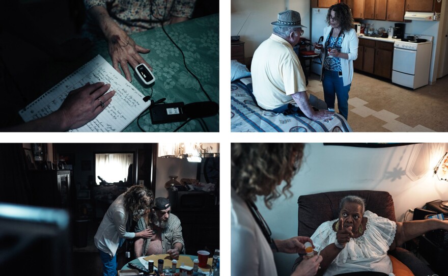 Miller (clockwise from upper left) checks what her patient Calla Osborne, 92, had to eat by reading notes kept by Osborne's daughter; Miller explains to John Toombs, 78, that canned soup can be high in sodium; Divina Gaskin, 71, tells Miller about the side effects of her pills; Miller checks in on Gordon Laymon, 76, who lives alone.