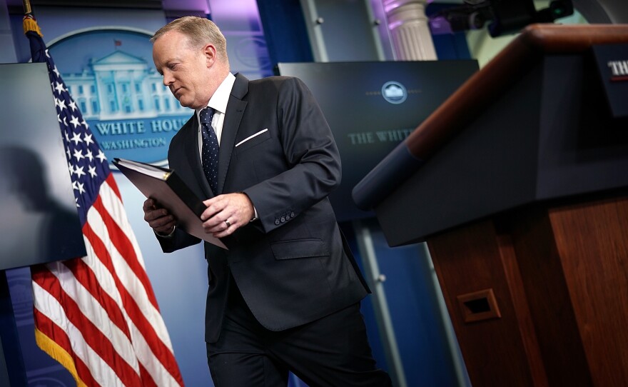 White House press secretary Sean Spicer departs after a briefing at the White House on Tuesday in Washington, D.C.