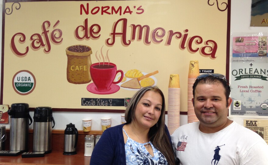 Jose Castillo moved to New Orleans from Honduras when he was 5 years old. He runs Norma's Sweets Bakery, located in the Midcity neighborhood, where a lot of the New Orleans Latino population lives. He's pictured here with his wife, Karina.