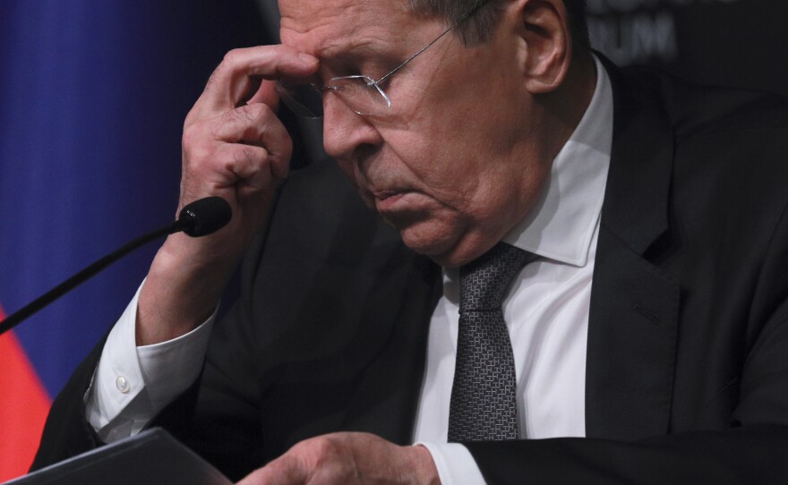 Russia's Foreign Minister Sergey Lavrov listens to questions during a news conference in Antalya, Turkey, in March 2022.