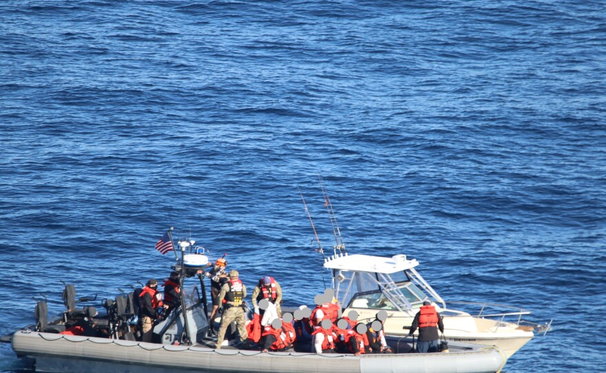The U.S. Coast Guard and Department of Homeland Security partner agencies intercept a vessel during coordinated operations south of San Clemente Island, California, Feb. 21, 2026.