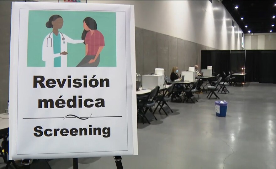 A medical screening station set up inside the San Diego Convention Center for unaccompanied migrant teens sheltering there, March 27, 2021.