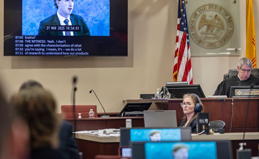 A recording of Meta Founder and CEO Mark Zuckerberg's deposition is played for the jurors on March 4 in Santa Fe, N.M.