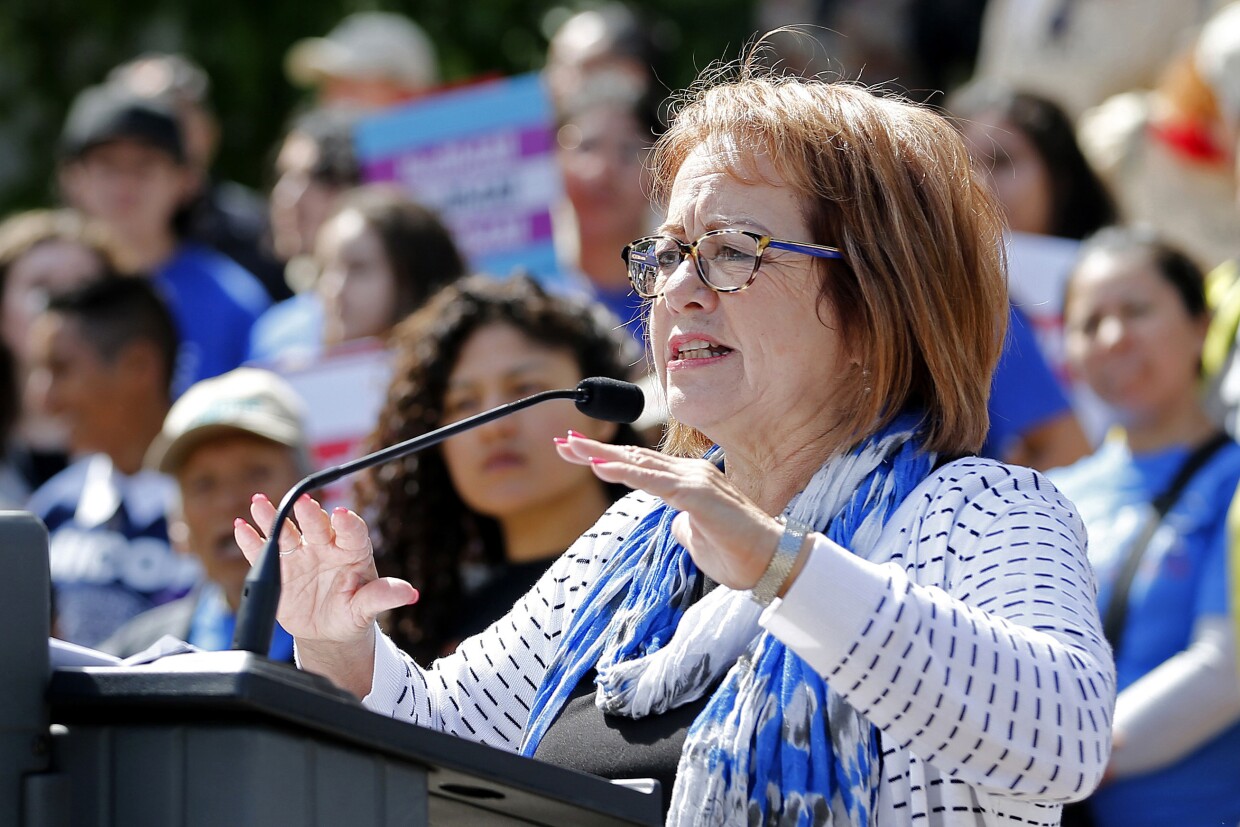 File photo of state Sen. Maria Elena Durazo, D-Los Angeles, addressing a gathering in Sacramento, Calif., on May 20, 2019.