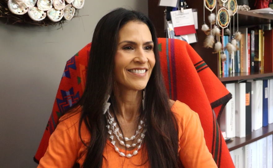 Joely Proudfit sits in her office at the California Indian Culture and Sovereignty Center at CSU San Marcos on Wednesday, Sept. 30, 2026.