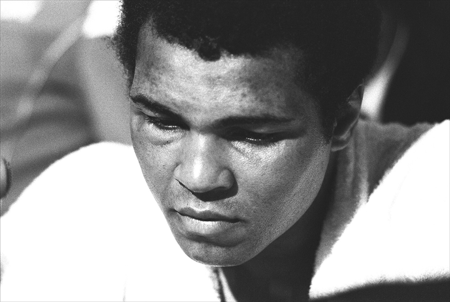 After a shocking loss of the Heavyweight title to Leon Spinks, with swollen eyes Muhammad Ali faces the press conference after the fight. Las Vegas, Nev. Feb. 15, 1978.