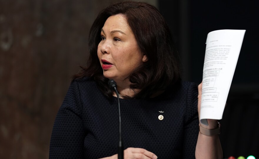 Sen. Tammy Duckworth, D-Ill., at a Senate Armed Services Committee hearing in May. She wants an Army officer who testified at Trump impeachment hearings to get his promotion.