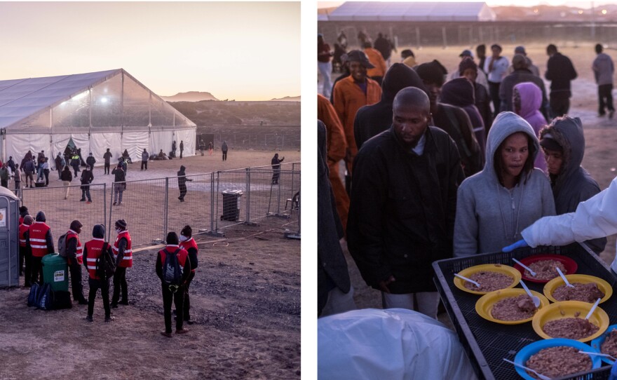 Left: Security guards stand at the entrance of a camp that houses homeless people in Standfontein, Cape Town, during the coronavirus lockdown. Right: Homeless people receive food at the camp. Many worry that overcrowding puts them at risk of catching the virus.