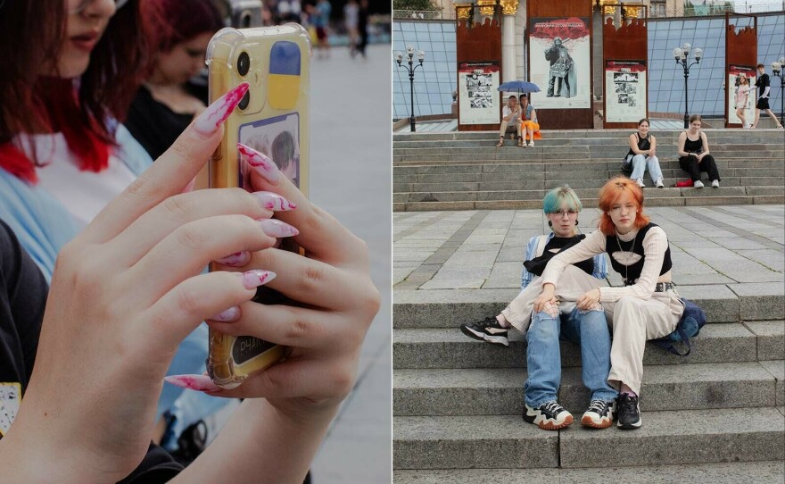 Friends of the Phantom Blue K-pop cover dance crew gather on the steps of Maidan Square to watch and cheer as the group records a performance.